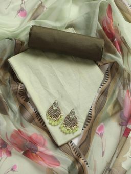 Swtantra - Dark and Light Green Cotton Silk Unstitched Kurta and Bottom with Dupatta (Set of 3)