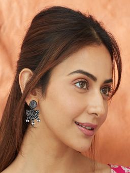 Accessher - Silver Plated Pink Stone Pearl Boho Style Semi Circle Oxidized Earrings