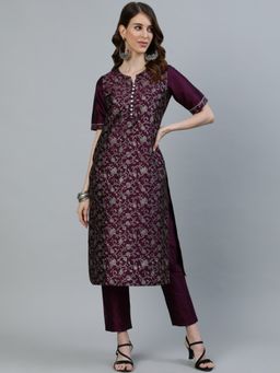 Jaipur Kurti - Purple Foil Printed Silk Blend Straight Kurta with Pants (Set of 2)
