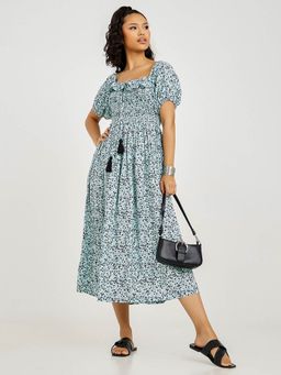 Styli - Green Puff Sleeves Ditsy Print A-line Midi Dress
