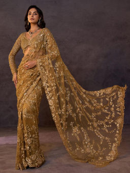 Mirraw - Gold Heavy Sequinned Embroidered Net Designer Saree with Unstitched Blouse