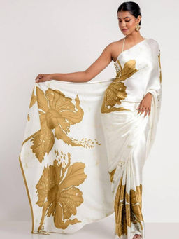 Mirraw - Women White Satin Silk Oversized Floral Printed Saree with Unstitched Blouse