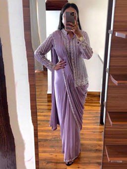 Mirraw - Lavender Embellished Ready-To-Wear Saree with Unstitched Blouse