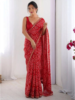 Mirraw - Women Red Bandhani Pattern Saree with Unstitched Blouse