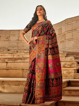 Mirraw - Raven Black Minakari Silk Blend Saree with Unstitched Blouse