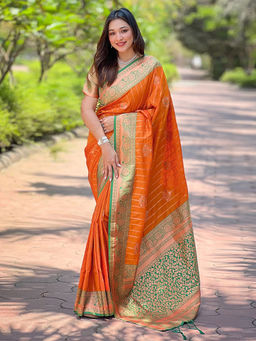 Mirraw - Orange Woven Banarasi Style Saree with Unstitched Blouse