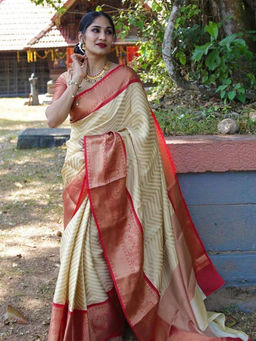 Mirraw - Cream Zari Woven Cotton Silk Saree with Unstitched Blouse