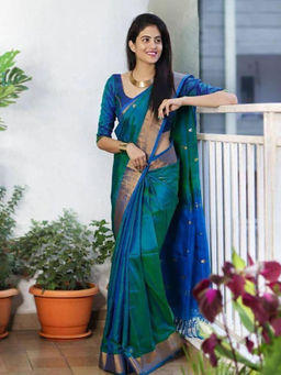 Mirraw - Teal Blue and Green Zari Woven Silk Blend Saree with Unstitched Blouse