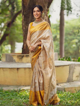 Mirraw - Champagne Zari Woven Silk Blend Saree with Unstitched Blouse