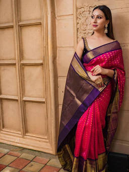 Mirraw - Rani Pink Zari Woven Kanjivaram Style Silk Blend Saree with Unstitched Blouse