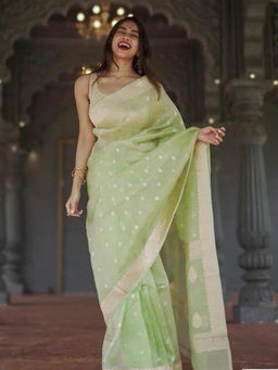 Mirraw - Pastel Mint Green Zari Woven Banarasi Silk Blend Saree with Unstitched Blouse