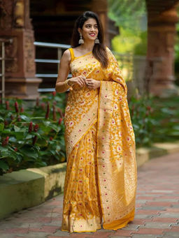 Mirraw - Mustard Yellow Floral Zari Woven Silk Blend Saree with Unstitched Blouse