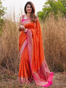 Mirraw - Orange and Pink Zari Woven Banarasi Silk Blend Saree with Unstitched Blouse