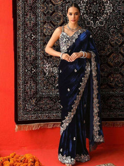 Mirraw - Women Navy Blue Embellished Velvet Saree with Unstitched Blouse