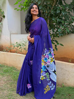 Mirraw - Royal Blue Artistic Face and Floral Printed Cotton Blend Saree with Unstitched Blouse