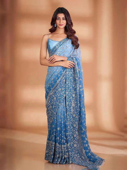 Mirraw - Women Sky Blue Ombre Floral Embellished Georgette Saree with Unstitched Blouse