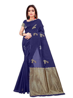 Mirraw - Navy Blue Zari Woven Art Silk Saree with Chevron Pallu with Unstitched Blouse