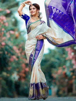 Mirraw - Royal Ivory and Sapphire Blue Zari Woven Traditional Silk Blend Saree with Unstitched Blouse