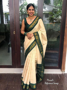 Mirraw - Women Cream and Green Traditional Woven Art Silk Saree with Unstitched Blouse
