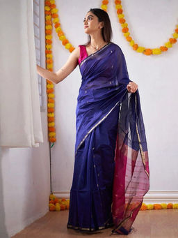 Mirraw - Women Royal Blue Woven Design Silk Blend Saree with Unstitched Blouse