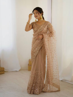 Mirraw - Women Champagne Beige Sequinned Embellished Net Saree with Unstitched Blouse