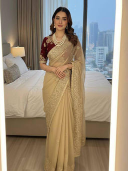 Mirraw - Women Beige Gold Embellished Satin Saree with Unstitched Blouse