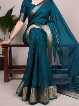 Mirraw - Women Teal Blue Woven Design Silk Blend Saree with Unstitched Blouse