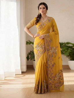 Mirraw - Women Floral Embroidered Chiffon Saree with Unstitched Blouse