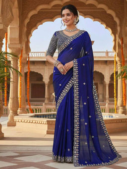 Mirraw - Women Dark Blue Embroidered Art Silk Saree with Unstitched Blouse