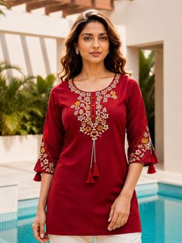 SURILI - Maroon Heavy Rayon Floral Embroidered Kurti