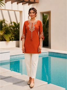 SURILI - Orange Heavy Rayon Floral Embroidered Kurti