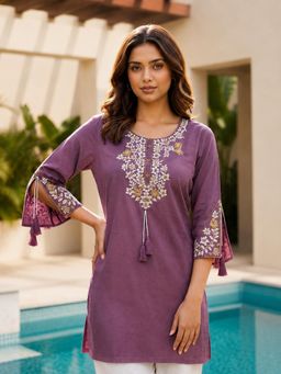 SURILI - Purple Heavy Rayon Floral Embroidered Kurti