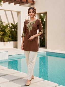 SURILI - Brown Heavy Rayon Floral Embroidered Kurti