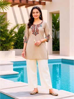 SURILI - Beige Heavy Rayon Floral Embroidered Kurti