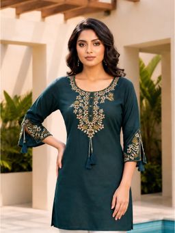 SURILI - Teal Blue Heavy Rayon Floral Embroidered Kurti