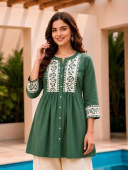 SURILI - Teal Green Dabu Cotton Floral Embroidered Tunic