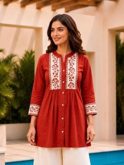 SURILI - Orange Dabu Cotton Floral Embroidered Tunic