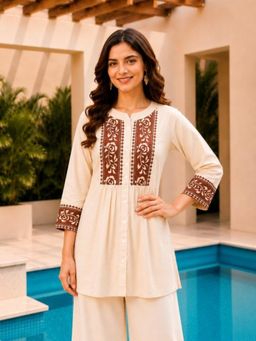 SURILI - Beige Dabu Cotton Floral Embroidered Tunic