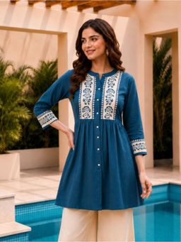 SURILI - Teal Blue Dabu Cotton Floral Embroidered Tunic