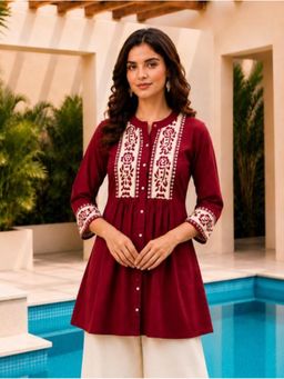 SURILI - Maroon Dabu Cotton Floral Embroidered Tunic