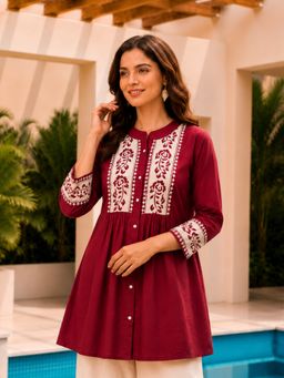 SURILI - Red Dabu Cotton Floral Embroidered Tunic
