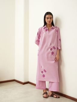 Pink Fort - Pure Cotton Flared Print Three Quarter Sleeve Shirt Collar Kurta with Pant