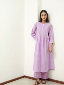 Pink Fort - Cotton A-Line Three-Quarter Sleeves Round Neck Pintuck Kurta and Pant