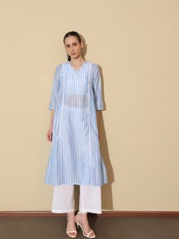 Pink Fort - Poly Chanderi Striped A-Line Three-Quarter Sleeve V-Neck Kurta with Pant