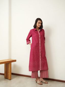Pink Fort - Cotton A-Line Three-Quarter Sleeve Shirt Collar Kurta with Pant