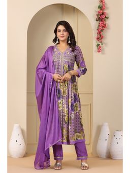 BAIRAAS - Floral Printed Panelled Mirror Work Silk Anarkali Kurta with Pant and Dupatta