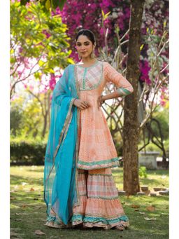 BAIRAAS - Ethnic Motifs Printed Pure Cotton Anarkali Kurta with Sharara and Dupatta