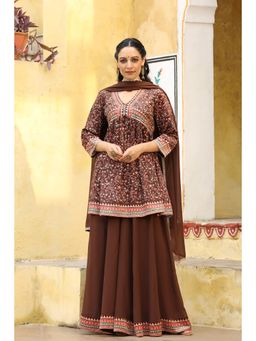 BAIRAAS - Women Floral Printed Thread Work Velvet Kurti with Sharara and Dupatta