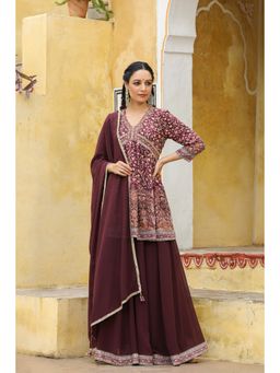 BAIRAAS - Women Floral Printed Thread Work Velvet Kurti with Sharara and Dupatta