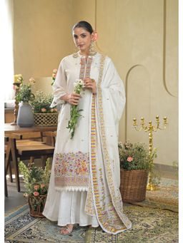BAIRAAS - Floral Embroidered Thread Work Pure Cotton Kurta with Palazzo and Dupatta